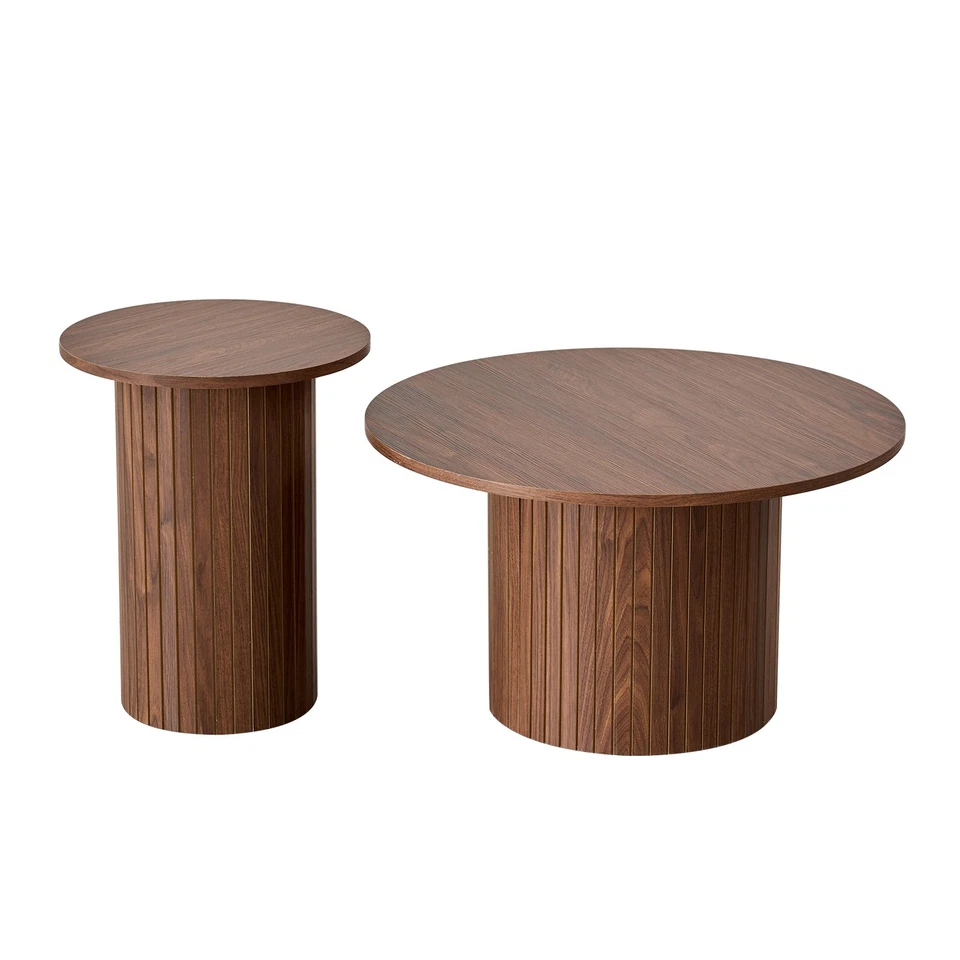 Juego de 2 mesas de centro, base de madera mesa redonda en tono marrón oscur - Imagen 2 de 4