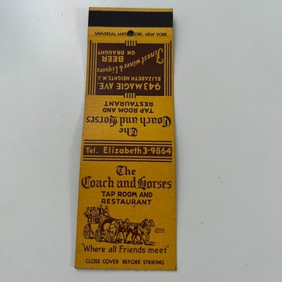The Coach & Horses Tap Room Elizabeth Heights NJ Vintage Matchbook Cover SMB10-3