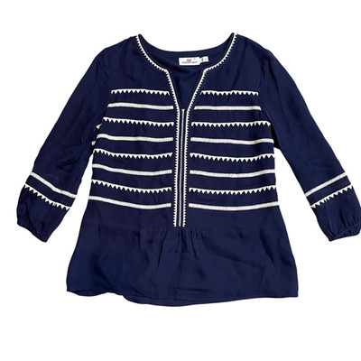 Vineyard Vines 4 Navy Blue Blouse 3/4 Sleeve White Embroidered Detail 100% Silk
