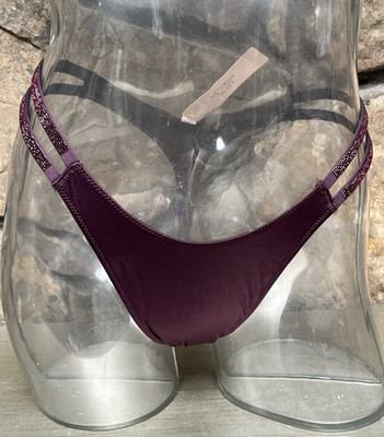 Victoria's Secret VERY SEXY Double Shine Strap Satin THONG Panty XS DKPURPLE NWT