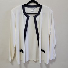 Exclusively Misook Cardigan Sweater Long Sleeve White Navy Blue Pockets Open XL