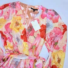 Alex Marie Floral Dress 8 NWT Pink Yellow Belted Sheer Long Sleeve Midi Spring