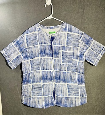United Colors Of Benetton Shirt Women's M White Navy Striped Short Sleeve