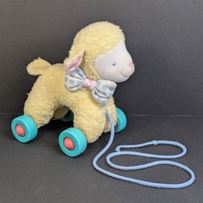 Eden Lamb Pull Toy Plush Yellow Terry Cloth Wheels Sheep Bow Tie 6.5" Vintage