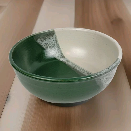 Vtg Stoneware Bowl 9"~Hand Turned Studio Art Pottery~Green Turqoise Cream Signed