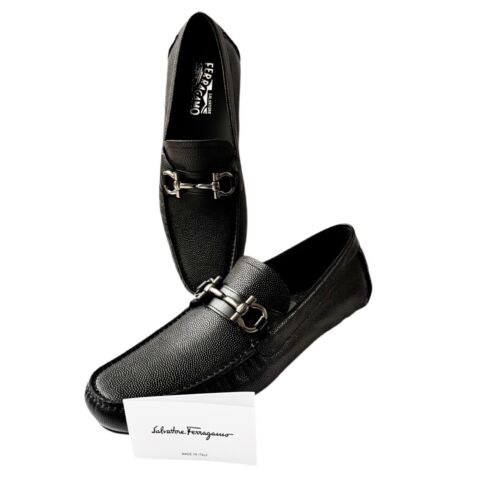 Ferragamo PARIGI 9 D Gancini Black Pebble Leather Men's Driver Loafers