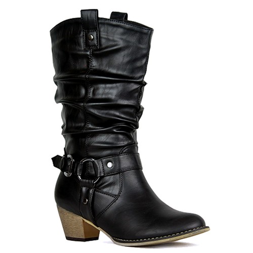 NEW Women Western Cowboy Slouch Pull On Mid Calf Block Mid Heel Boots Booties - Picture 2 of 4