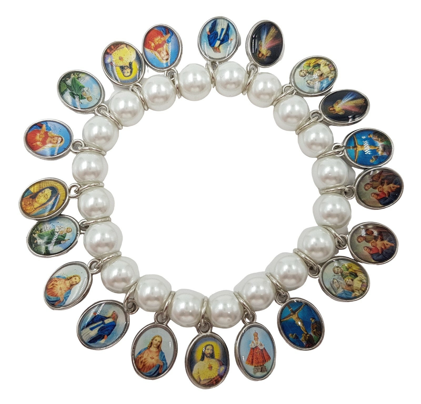 Catholic Saints Medal Religious Stretch Bracelet Pearl Simulated Beads