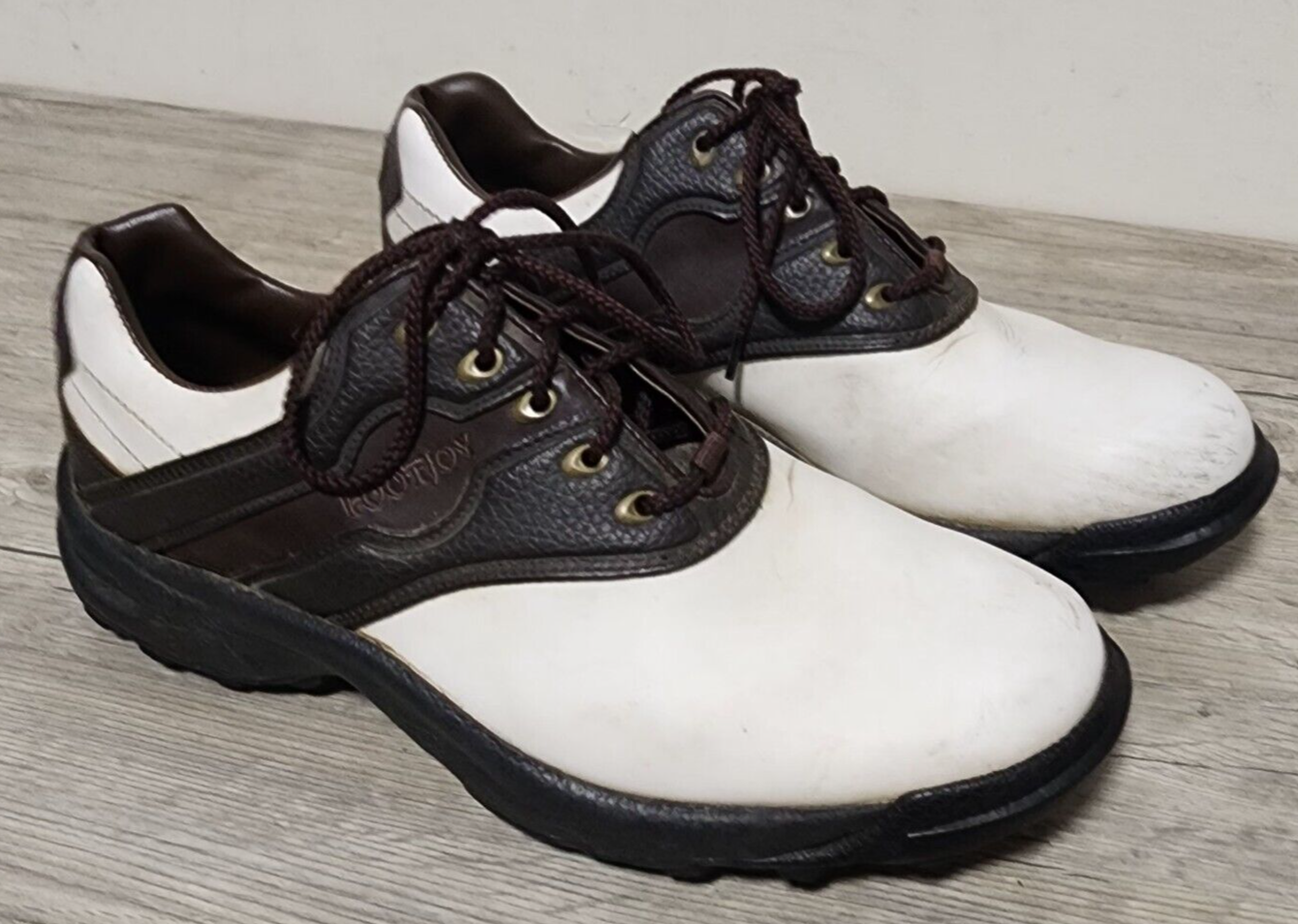 FootJoy Greenjoys White Brown Soft Spike Leather Men’s Golf Shoes 9.5 M