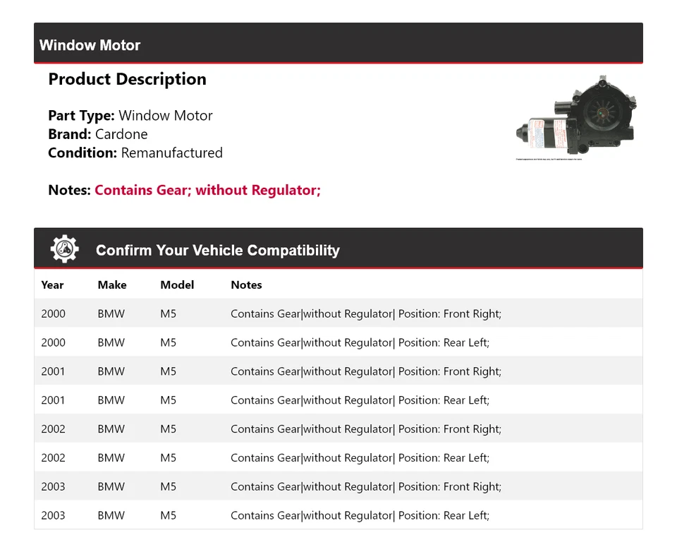 Кардон оконного двигателя для BMW M5 2000-2003 2001 2002 годов выпуска - Изображение 2 из 4