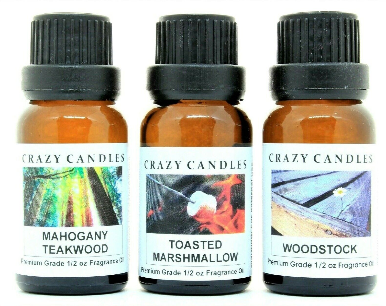 3 Oils Toasted Marshmallow, Mahogany Teakwood, Woodstock 1/2oz Crazy Candles