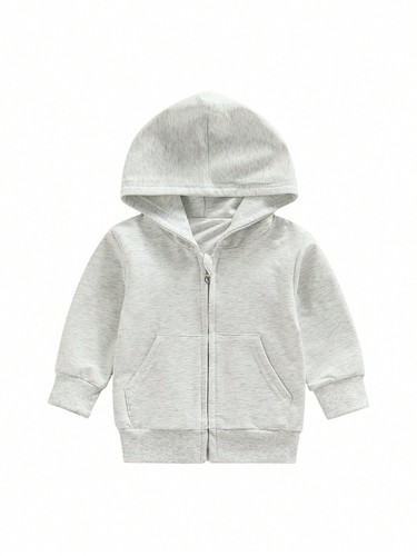 Toddler Casual Hooded Coat: Solid Grey Zip-Up Jacket for Autumn Comfort