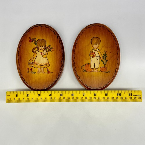 VTG Hand Painted Wood Wall Plaque Hanging Girl Boy Apple Pumpkin Fall Decor - Picture 2 of 6