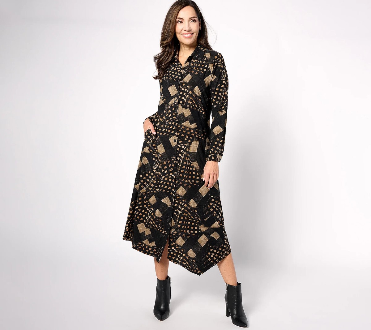 Attitudes by Renee Reg. Como Jersey Plaid Button Front Midi Dress, Large A623429 Attitudes by Renee Reg. Como Jersey Plaid Button Front Midi Dress, Large A623429