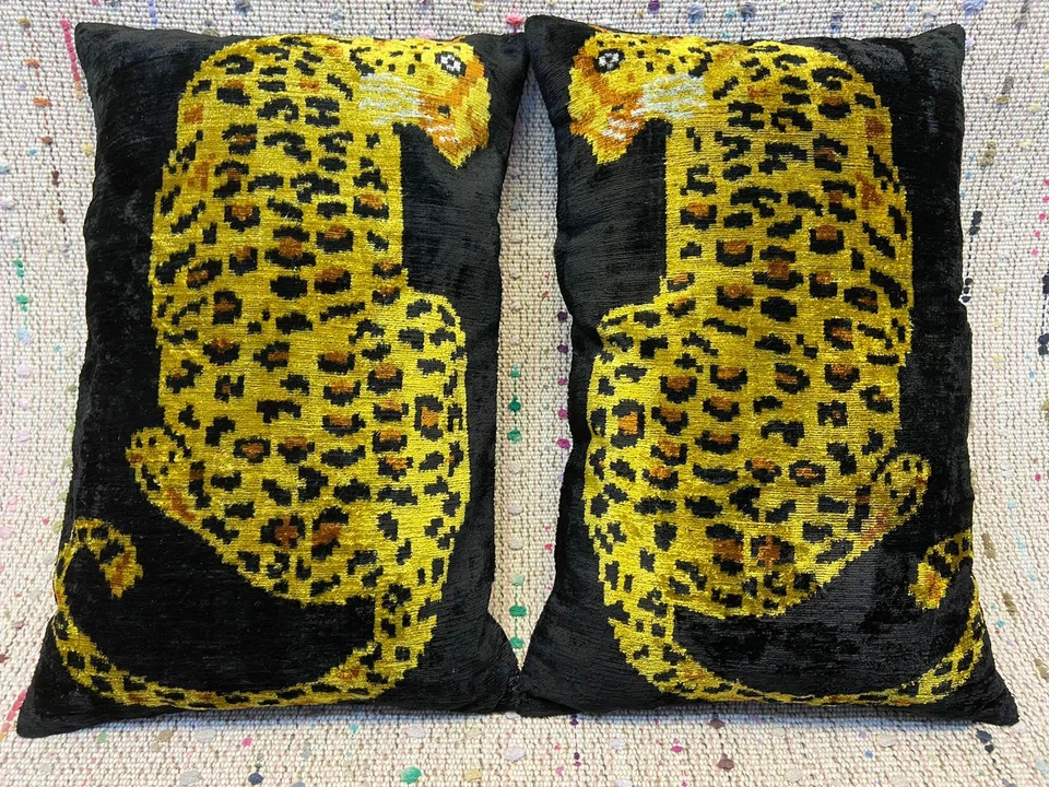 Set of Two Tiger Ikat Velvet Pillow, Pair Silk Lumbar Cushion Cover ,yellow anim - Image 4 of 4