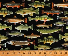 Cotton Fish Fishes Animals Bass Trout Black Fabric Print by Yard D688.81