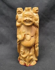 Chinese Carved Wood Laughing, Fat Buddha Statue with Four Children 6 Inch # 5382