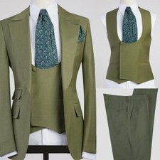 Green 3Pcs Men's Suits Wide Peak Lapel Blazer Wedding Tuxedos Prom Party Blazer