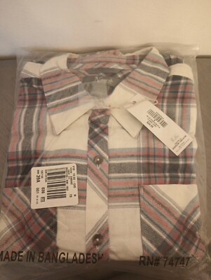 Natural Reflections Women M Shirt Flannel Red White Bold Plaid Button 