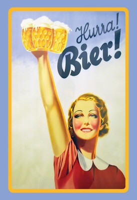 Blechschild 20x30 historisches Werbe Plakat HURRA BIER Beer Pin up Girl Wand Dek