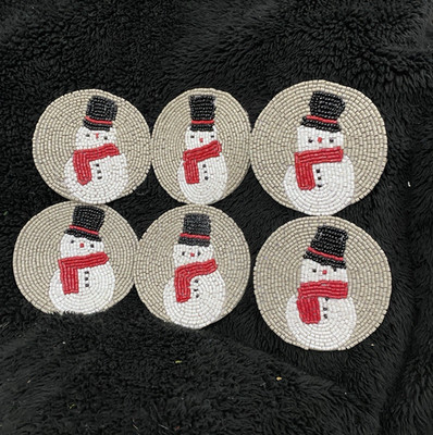 Snowman Beaded Drink Coasters 6 Pack Satin Back Sleight Bell Bistro 4'' Gray