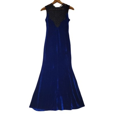 NWT Sapphire Blue Velvet & Black Lace Maxi Dress Whimsigoth Gothic Witchy - M