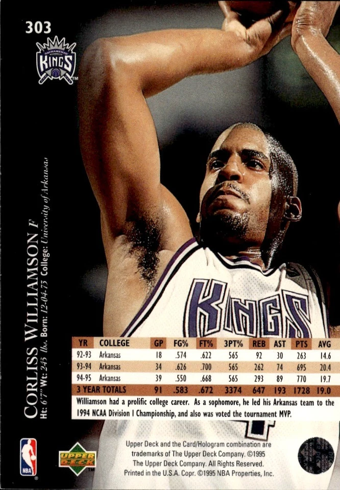 1995-96 Upper Deck #303 Corliss Williamson Sacramento Kings Rookie - Image 2 of 2