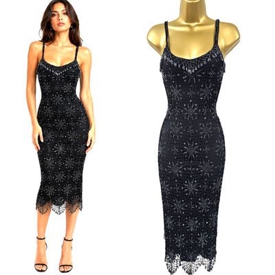 Karen Millen 8 UK Vintage schwarz Spinnennetz Perlen Häkel Gatsby Bodycon Kleid