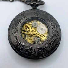 Black Skeleton Mechanical Pocket Watch Dragon Steampunk Long Chain