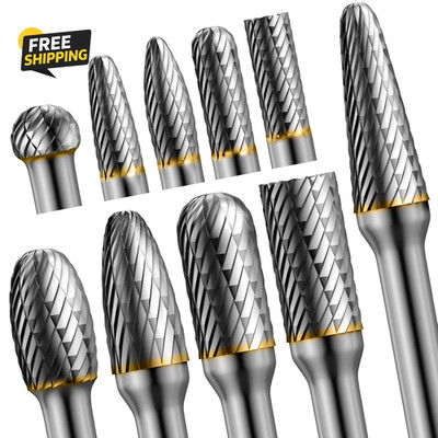10Pcs Die Grinder Bits W/ 1/4'' Shank, Tungsten Carbide Burr Set for Metal Steel