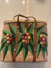 Vintage Woven Straw Tote Bag Wicker Basket Purse Floral