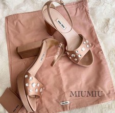 MIU MIU Satin Crystal Sandals Pink Ankle Strap Block Heel EU 38