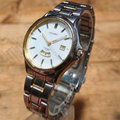 Orient Swimmer 10BAR Day Date Watch White Dial Gold Accents Leather Band