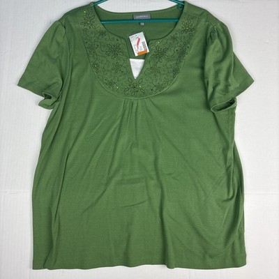 Essentials Women's 2X Shirt Green Embroidered Sequins New Tags Short Sleeve