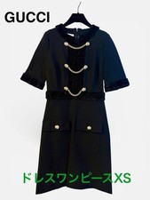 GUCCI Dress XS Black Velvet Trim Gold Tone Buttons 92cm Length