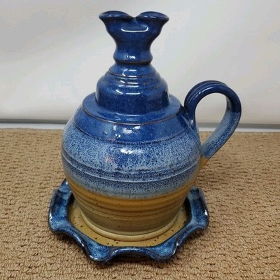 Oil Lamp stone pottery two wick handled Plate heavy Paige studio