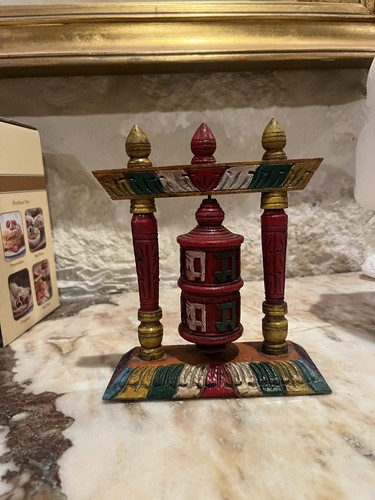 Tibetan Buddhist Wooden Handcrafted / Hand Painted 6” Spinning Prayer Wheel