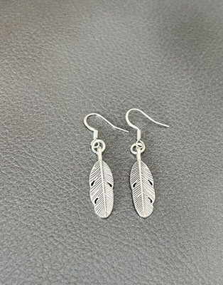 Feather Drop Hook Earrings .925 Sterling Silver Hook ~ Pewter Charm