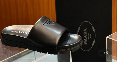 PRADA Women s Black Logo Slide Sandals Slip-On Flat Heel Solid Pattern