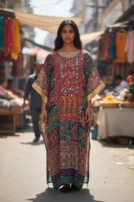 Boho Mirror Work Kaftan Maxi Dress, Embroidered Ethnic Caftan Festival Wear