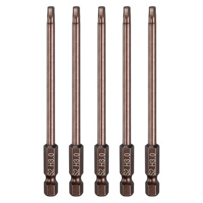 5pcs Flat Hex Screwdriver Bit H3.0 Magnetic Tip 1/4'' Shank 4'' Long Copper Tone