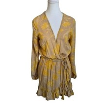 blue island Mustard Floral Long Sleeve Wrap Dress
