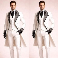 White Men's Suit Embroidery Lapel Wedding Groom Tuxedo Party Wear Long Coat 3pcs