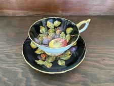 Vintage Aynsley Black Orchard England Porcelain Bone China Teacup & Saucer