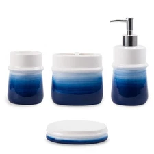 Navy Bathroom Accessories Set, 4-Piece Ceramic Bathroom Decorations Blue