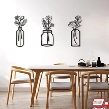 Metal Wall Art Set 3 Flowers 3D Sculptures Home Decor Living Room Office Black