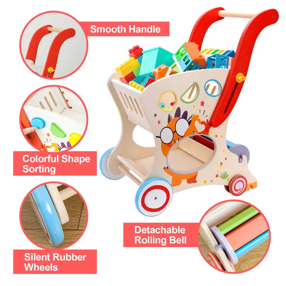 Wooden Baby Push Walker Doll Stroller Adjustable Speed Shopping Cart for Toddler - Image 3 of 4