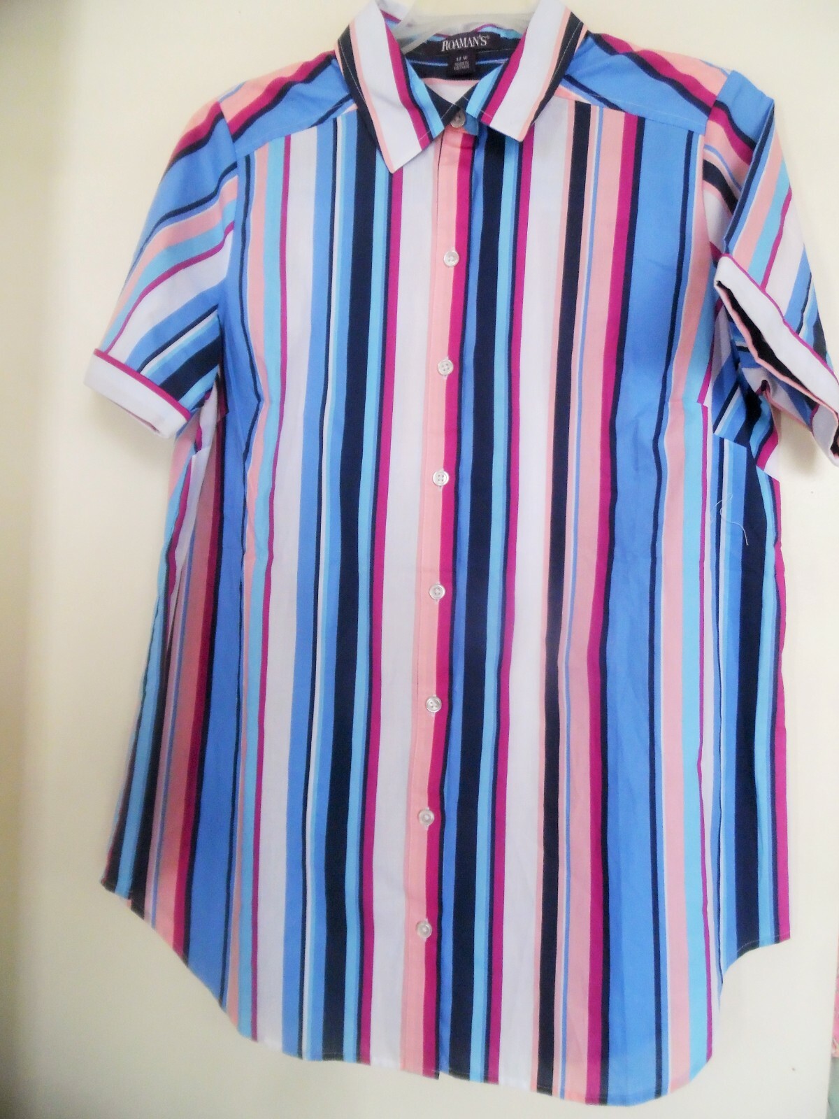 Roamans Womens Top Size 12W Striped Short Sleeve Casual Button Up Front