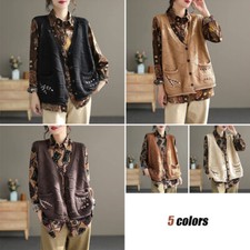 Women Ladies Pocket V-Neck Knitted Cardigan Retro Artistic Loose Sleeveless Vest