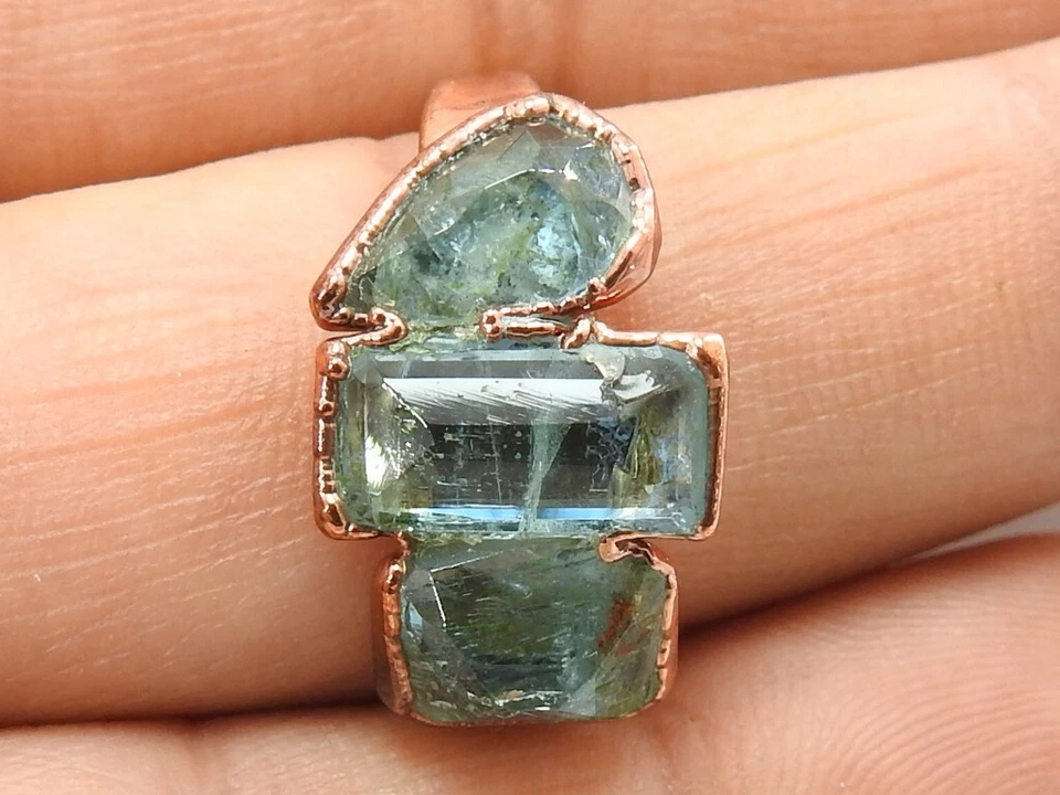 Anillo de cobre electrochapado facetado aguamarina natural/joyería de moda/CAB-7 Foto 2 de 4